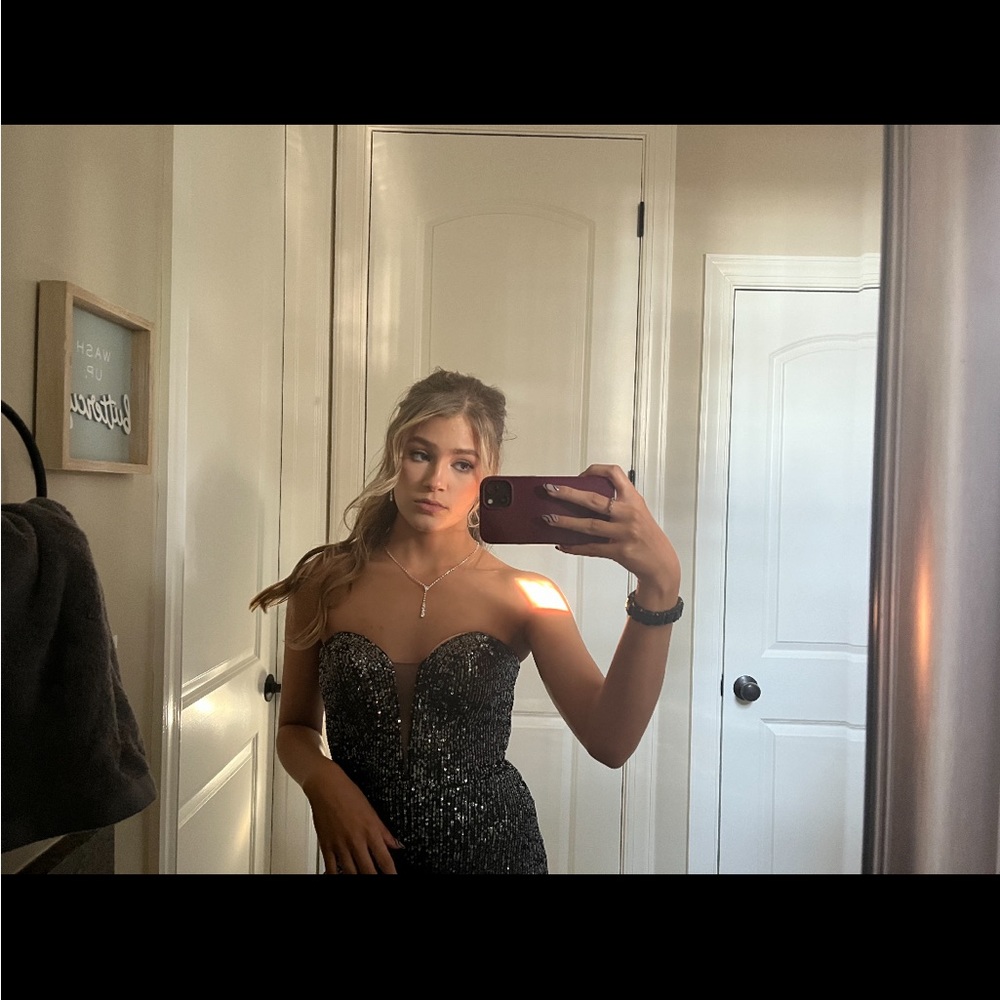 Small black strapless prom dress